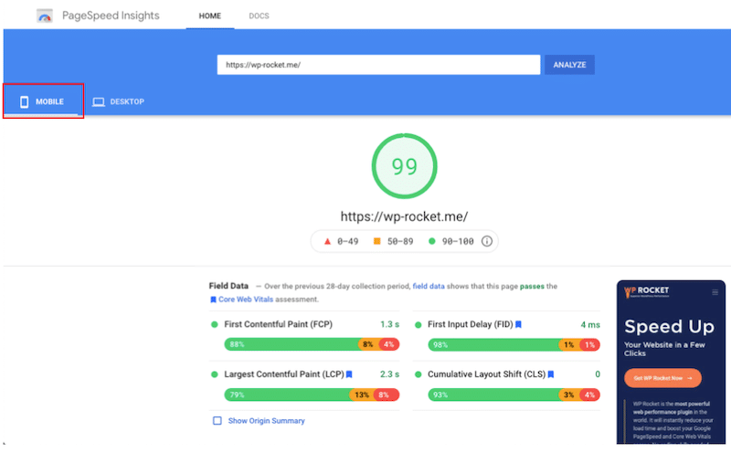 PageSpeed Insights from mobile