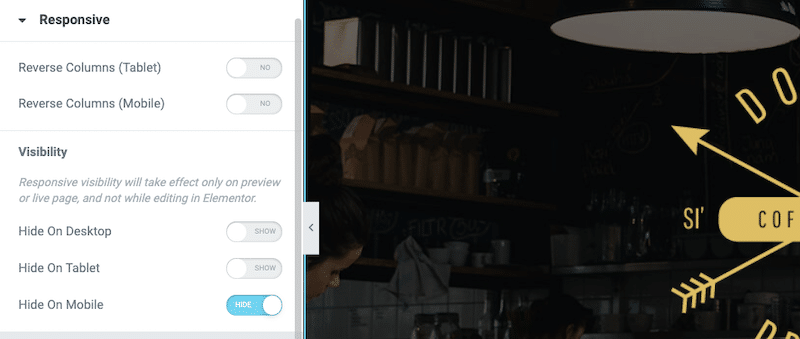 Responsive tab and Visibility section on Mobile - Source: Elementor Website Builder