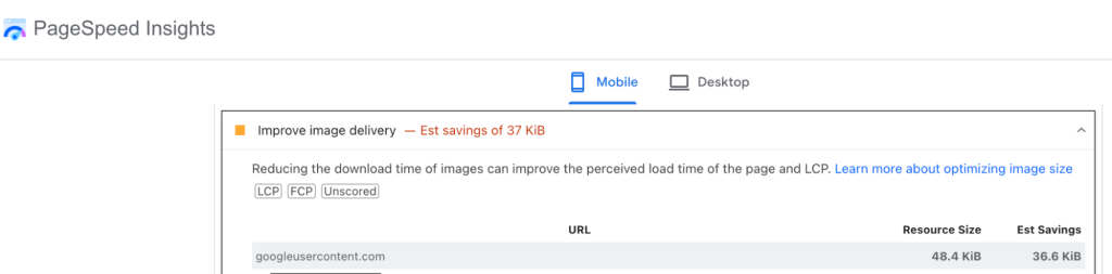 The “improve image delivery” audit – Source: Google PageSpeed Insights (PSI)