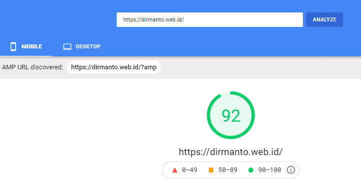 PageSpeed Insights score from mobile