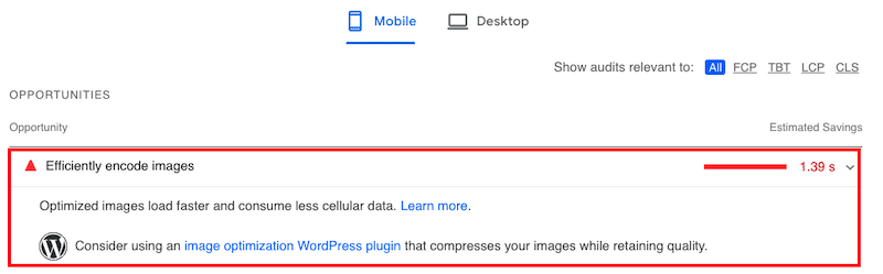 “Efficiently encode images” issue - Source: PageSpeed Insights