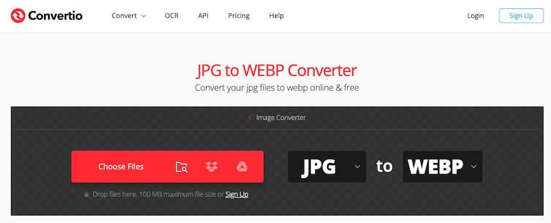 Example of a web-based tool to convert JPG to WebP - Source: Convertio