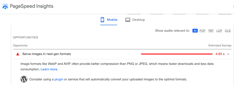 Google recommending to serve images in WebP or AVIF formats - Source: PageSpeed Insights