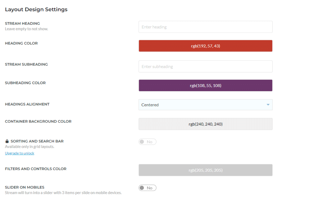 Flow-Flow Social Feed Stream layout and styling options