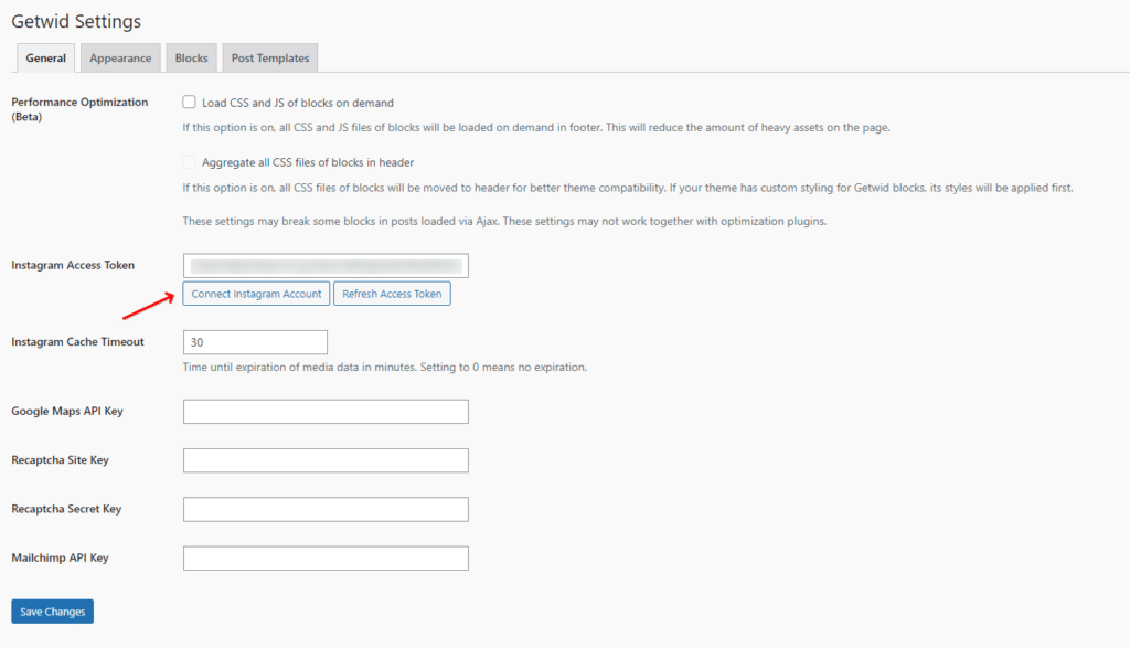 Getwid settings page used to connect your Instagram account