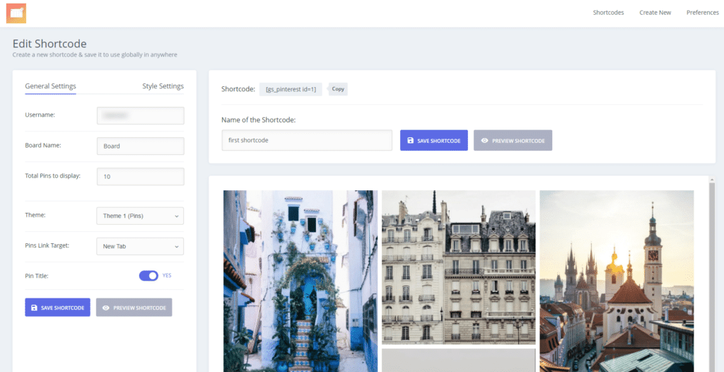 Create a GS Pins shortcode using Pinterest username and board name