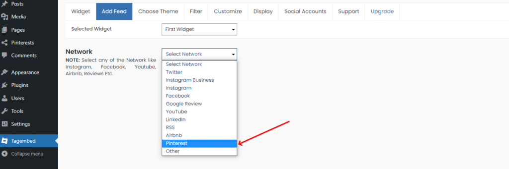 Tagembed Add Feed and Network to create new widget for webpage display