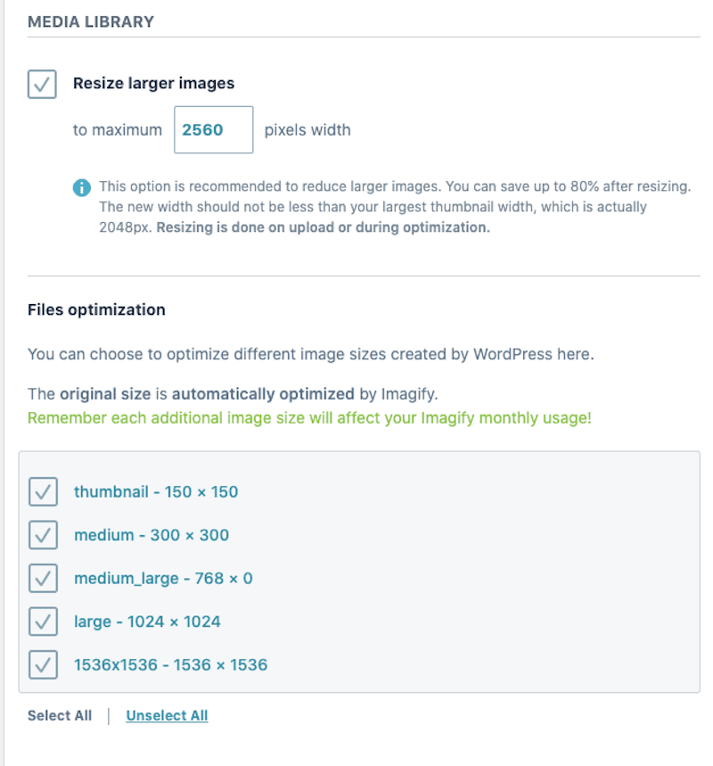 Setting an image size limit - Source: Imagify WordPress dashboard