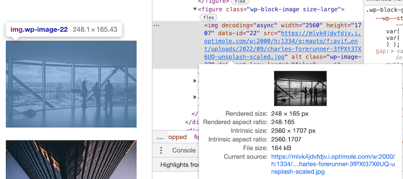 Checking the new image size with Optimole (164KB) - Source: Google Chrome Tools