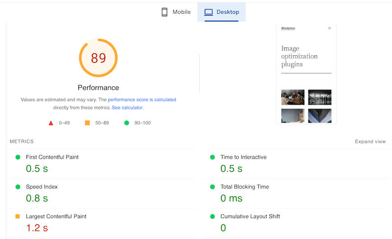 Improved performance metrics with Smart Compression level of Imagify - Source: PageSpeed Insights