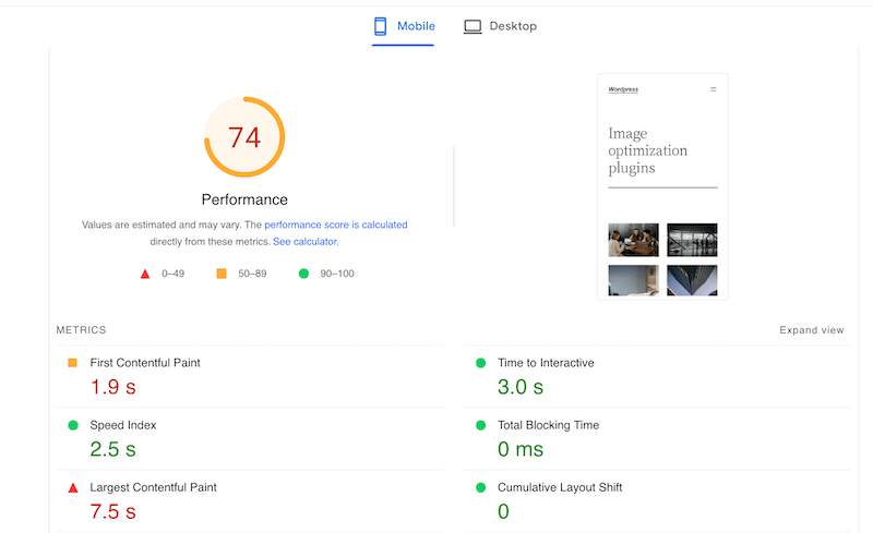 Performance metrics without Imagify - Source: PageSpeed Insights