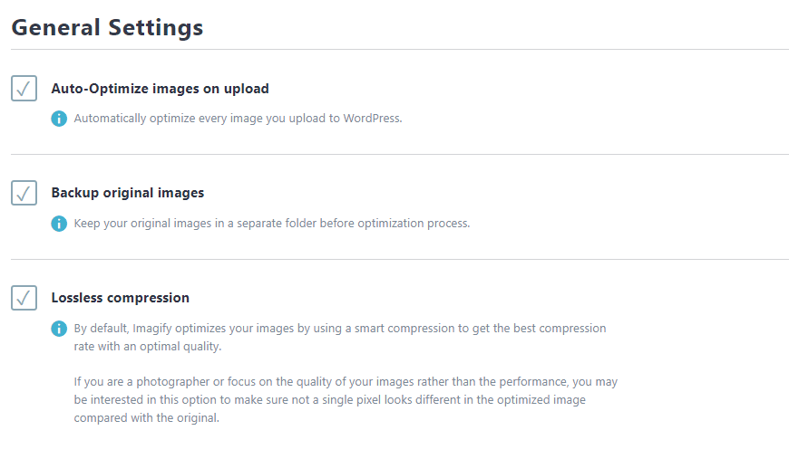 General Settings tab, including the Lossless compression