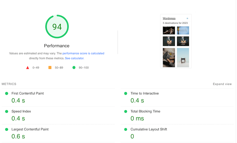 Core Web Vitals improved with Imagify and optimized images - Source: PSI