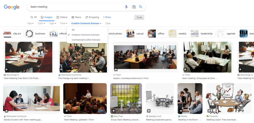 Results of the search for CC images – Source: Google search page