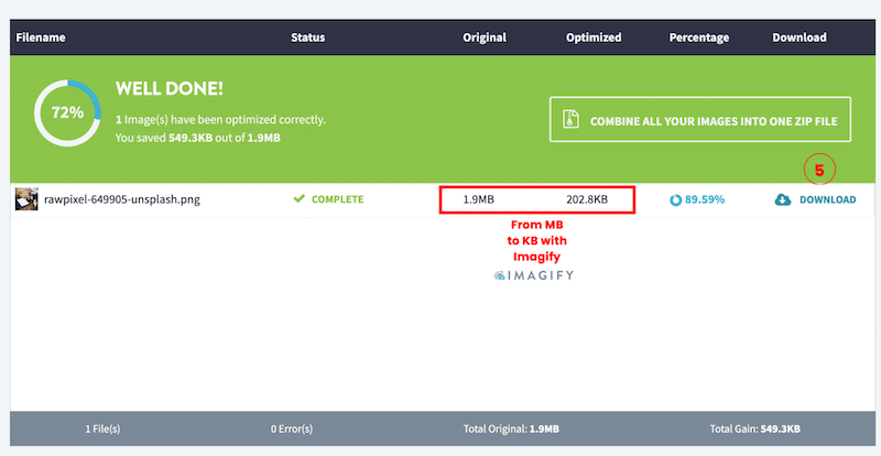 Imagify has resized and compressed the image file by almost 90% - Source: Imagify web app