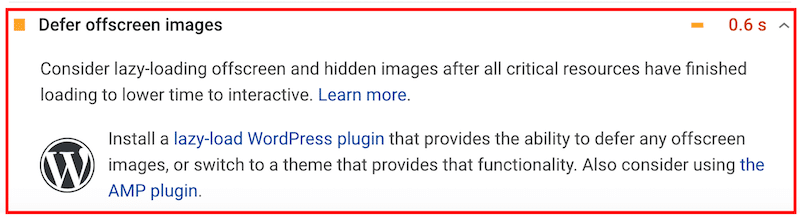 “Defer offscreen images” to boost performance - Source: PageSpeed Insights