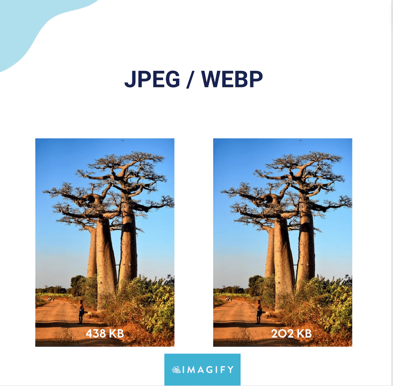 JPEG vs WebP: similar quality but a smaller file size for webP - Source: Imagify