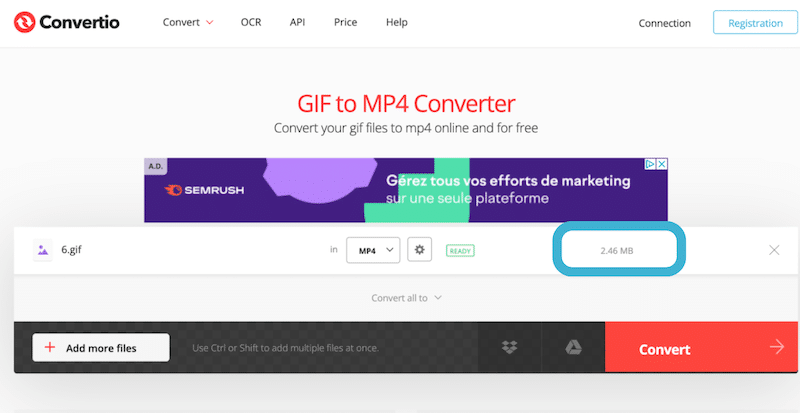 Step 1: drag-and-drop your GIF and hit Convert - Source: Convertio