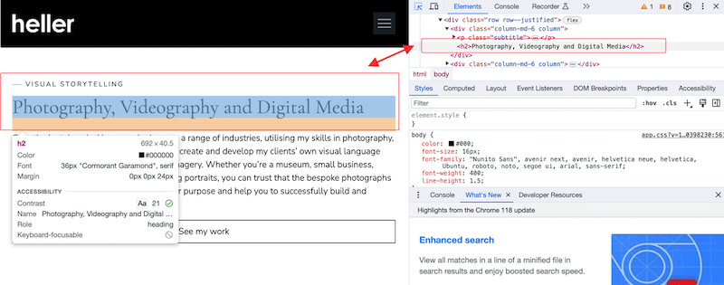 Example of relevant H2 in a photography website - Source: Karolina Heller