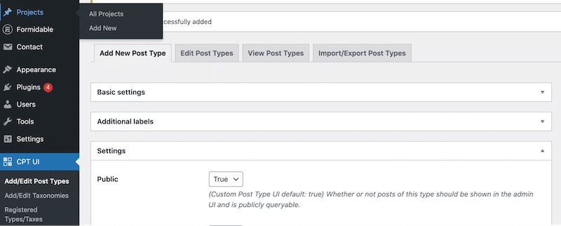 New custom post types “Projects” - Source: CPT UI