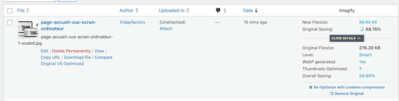 WordPress library with the new compressed file - Source: Imagify