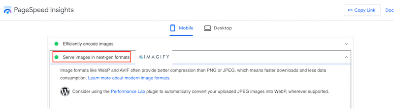 The “Serve image in the next-gen formats” is now in the passed audit thanks to Imagify - Source: PageSpeed Insights