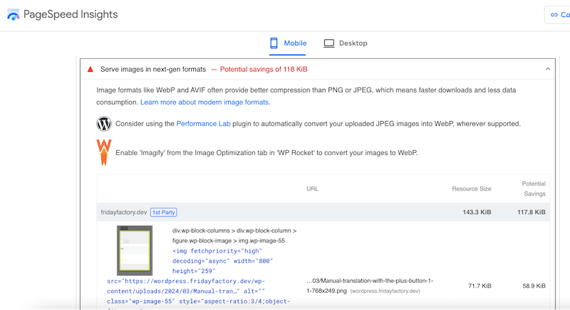 The “Serve image in the next-gen formats” warning - Source: PageSpeed Insights