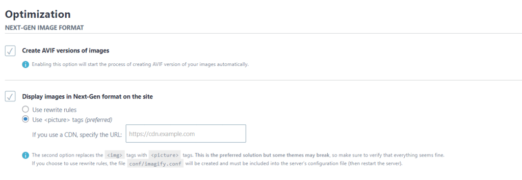 Create Avif version of images option – Optimization tab