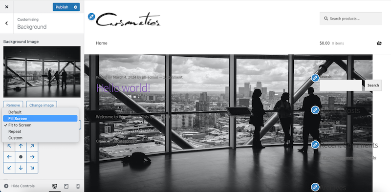 New background added to the site - Source: The WordPress admin