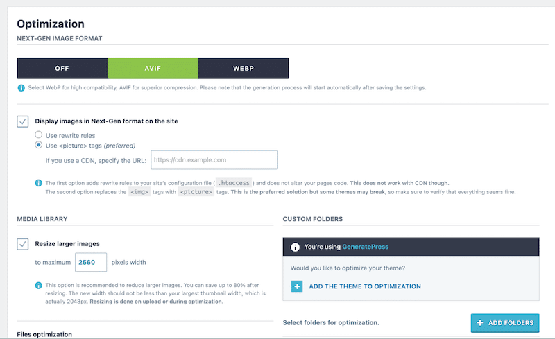 Imagify’s settings and next-gen formats conversion - Source: My WordPress dashboard