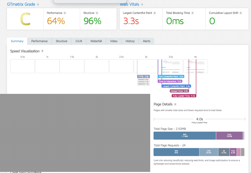 Current state of our site performance (no optimization)- Source: GTmetrix
