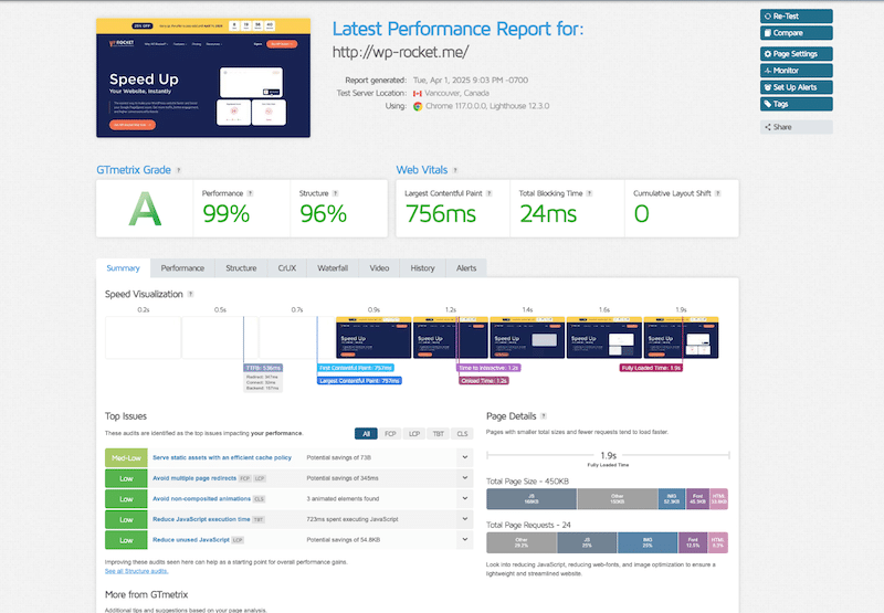 Example of performance results with image KPIs in the Page Details section - Source: GTmetrix