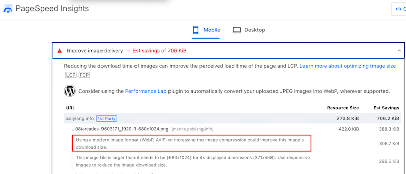 Google PSI audit Before Imagify - Source: PageSpeed Insights