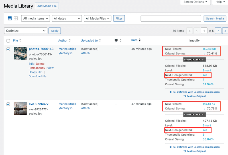 Compression with Imagify from the WordPress Library - Source: My WordPress library