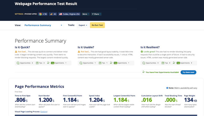 WebPage Test performance results page (extract) - Source: WebPageTest