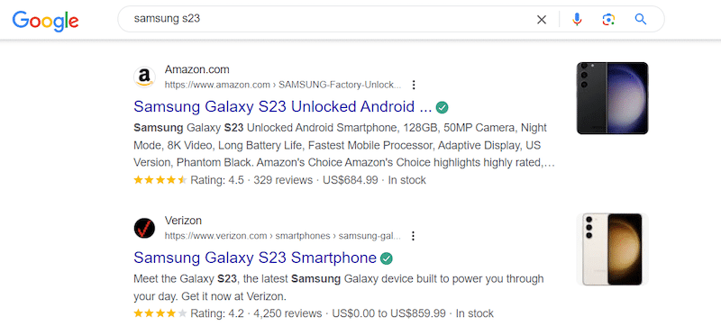 Example of Amazon and Verizon to structure the product data - Source: Google result page