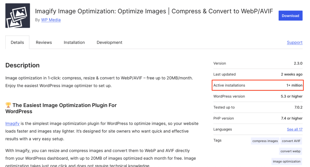 Where to find the active installations on wordpress.org - Source: Imagify