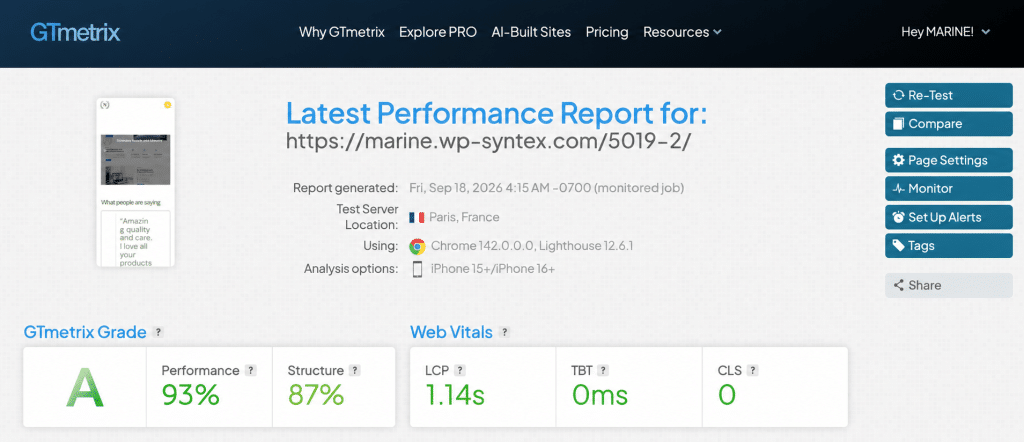 Example of our GTmetrix performance test - Source: GTmetrix